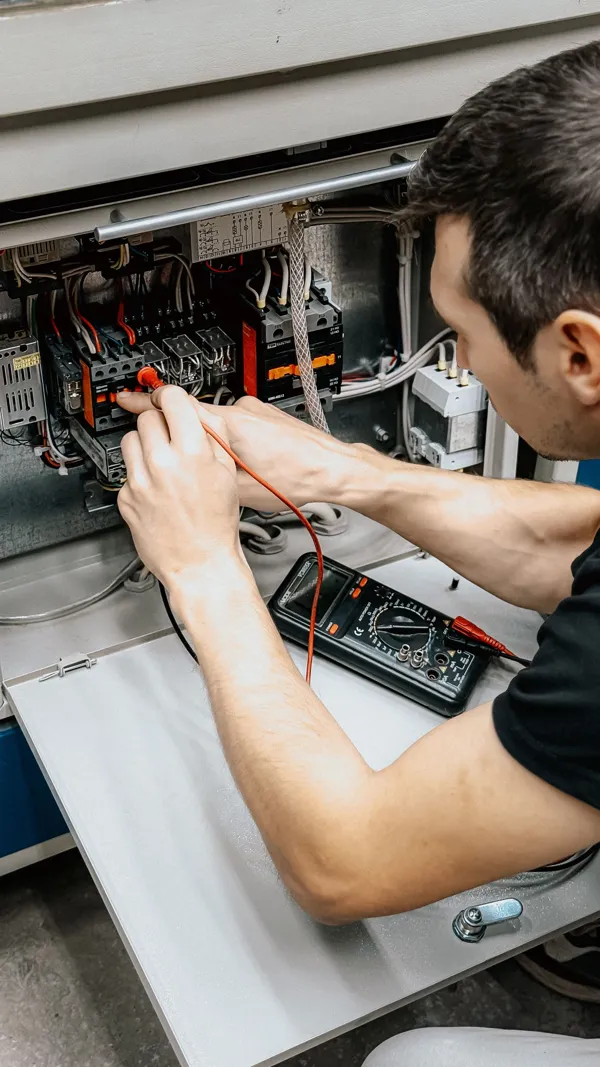 Electrician testing wiring in a panel with a multimeter
