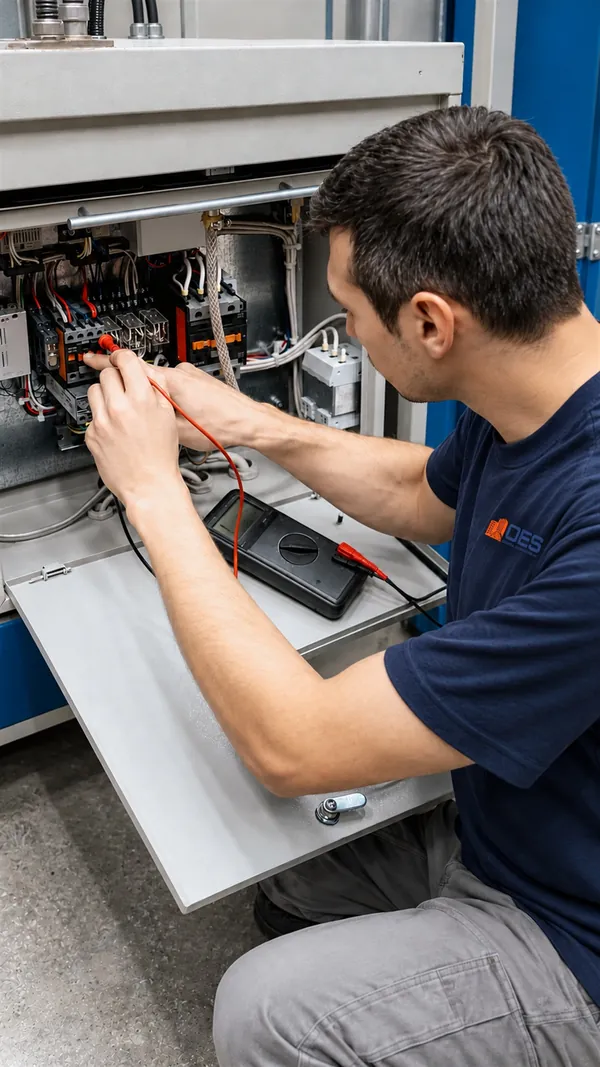 Electrician in an OES work shirt testing a control panel with a multimeter