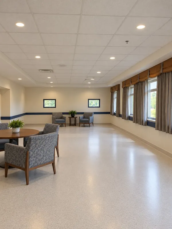The same lounge restored, with new flooring, wall rails and lounge chairs