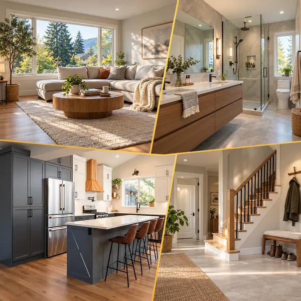 Four renovated rooms in a family home: a bright living room, a bathroom with a walk-in shower, a kitchen with an island and a staircase entry
